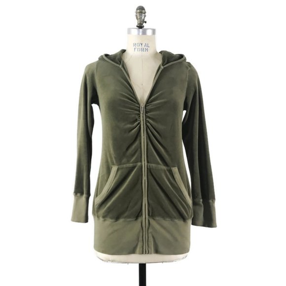 Vintage Juicy Couture Hoodie Olive Green Velour Long Y2K Zip Front Jacket - Picture 1 of 10